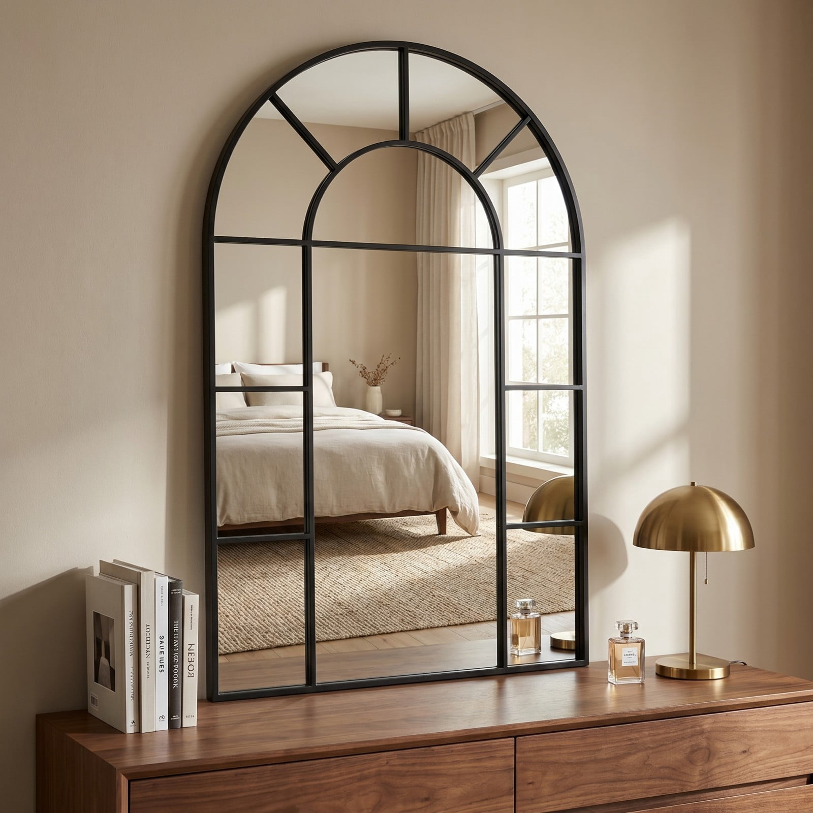 Gleamira 32"x48" Arched Bathroom Mirror Wall Mirror with Windowpane Wall-Mounted Leaning Mirror, Black