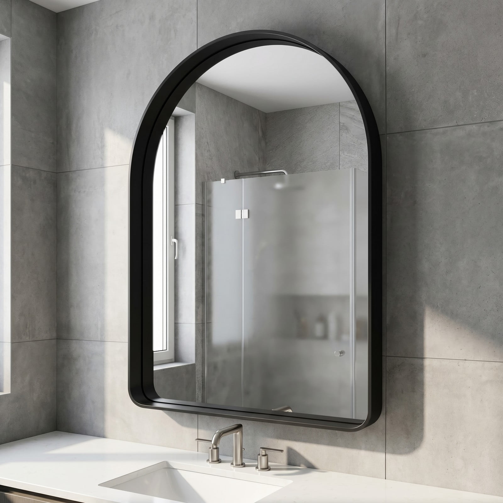 Gleamira 36"x48" Arched Bathroom Mirror Rounded Corner Vanity Wall Mirror with Deep Frame, Black