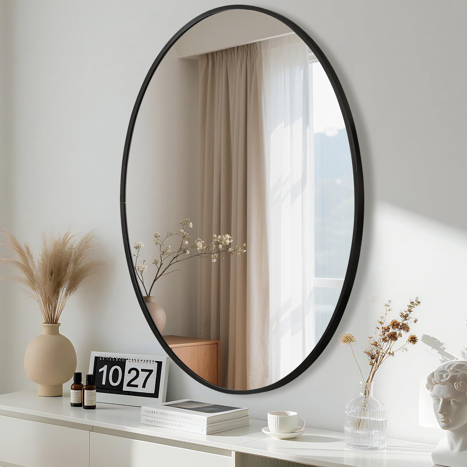 Gleamira 38"x 26" Oval Wall Vanity Mirror Bathroom Mirror with Aluminum Alloy Frame, Black