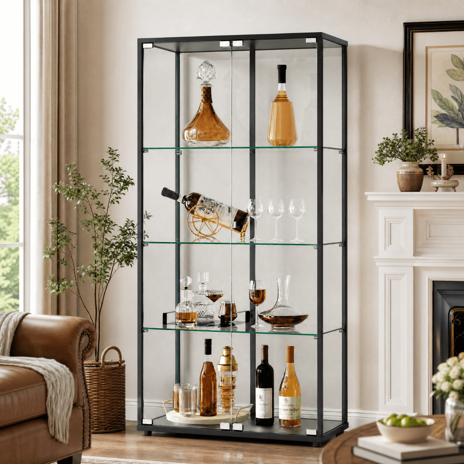 Gleamira 4-Shelf Glass Display Cabinet Freestanding Curio Cabinet with Aluminum Frame Double Glass Doors, Black