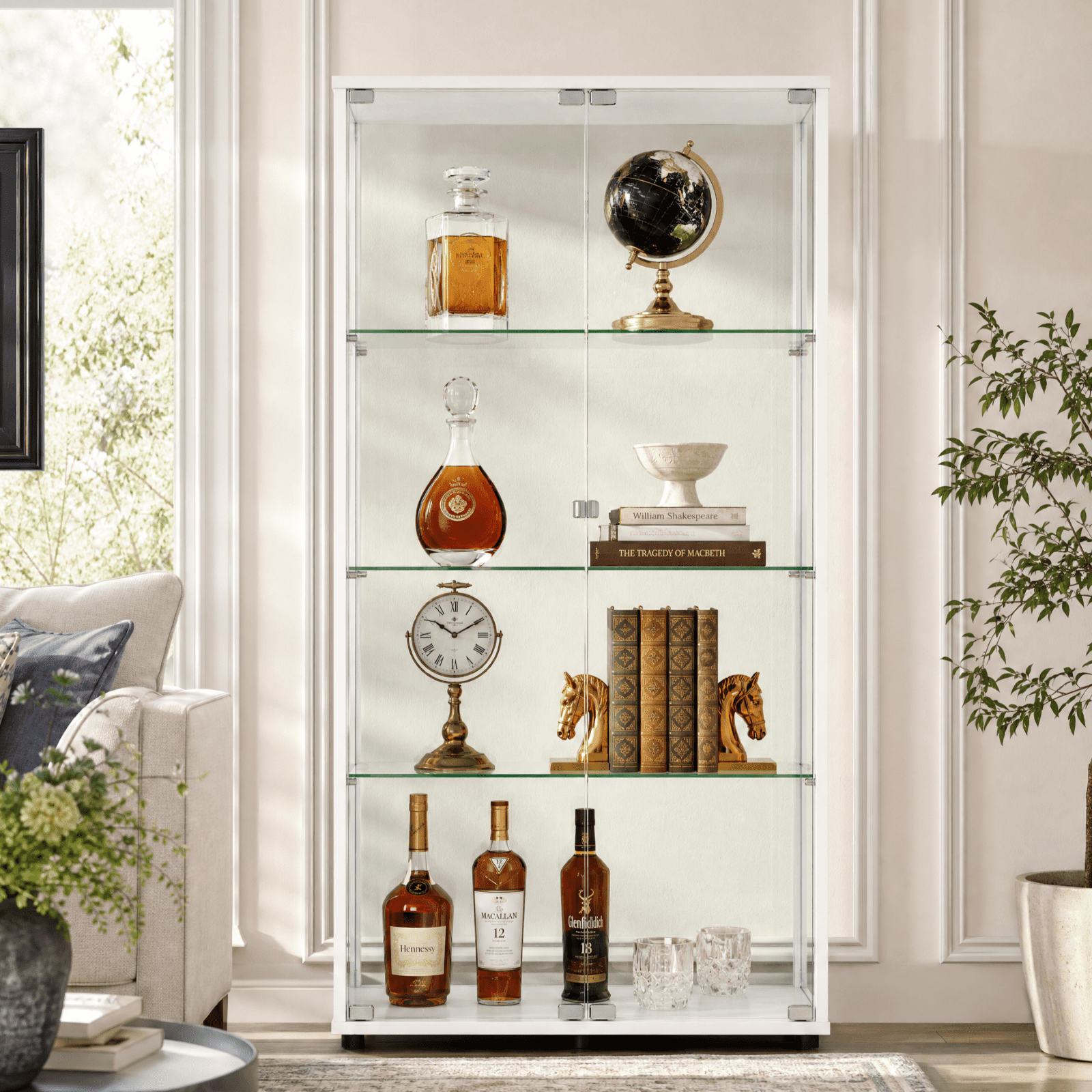 Gleamira 4-Shelf Glass Display Cabinet Freestanding Curio Cabinet with Aluminum Frame Double Glass Doors, White