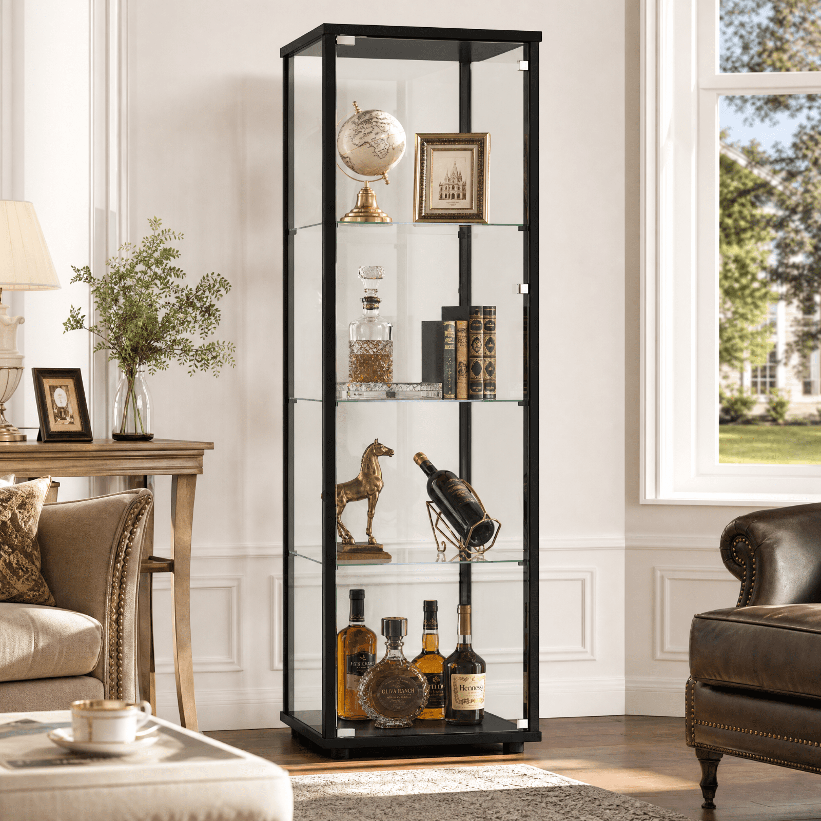 Gleamira 4-Shelf Glass Display Cabinet Freestanding Curio Cabinet with Aluminum Frame Single Glass Door, Black