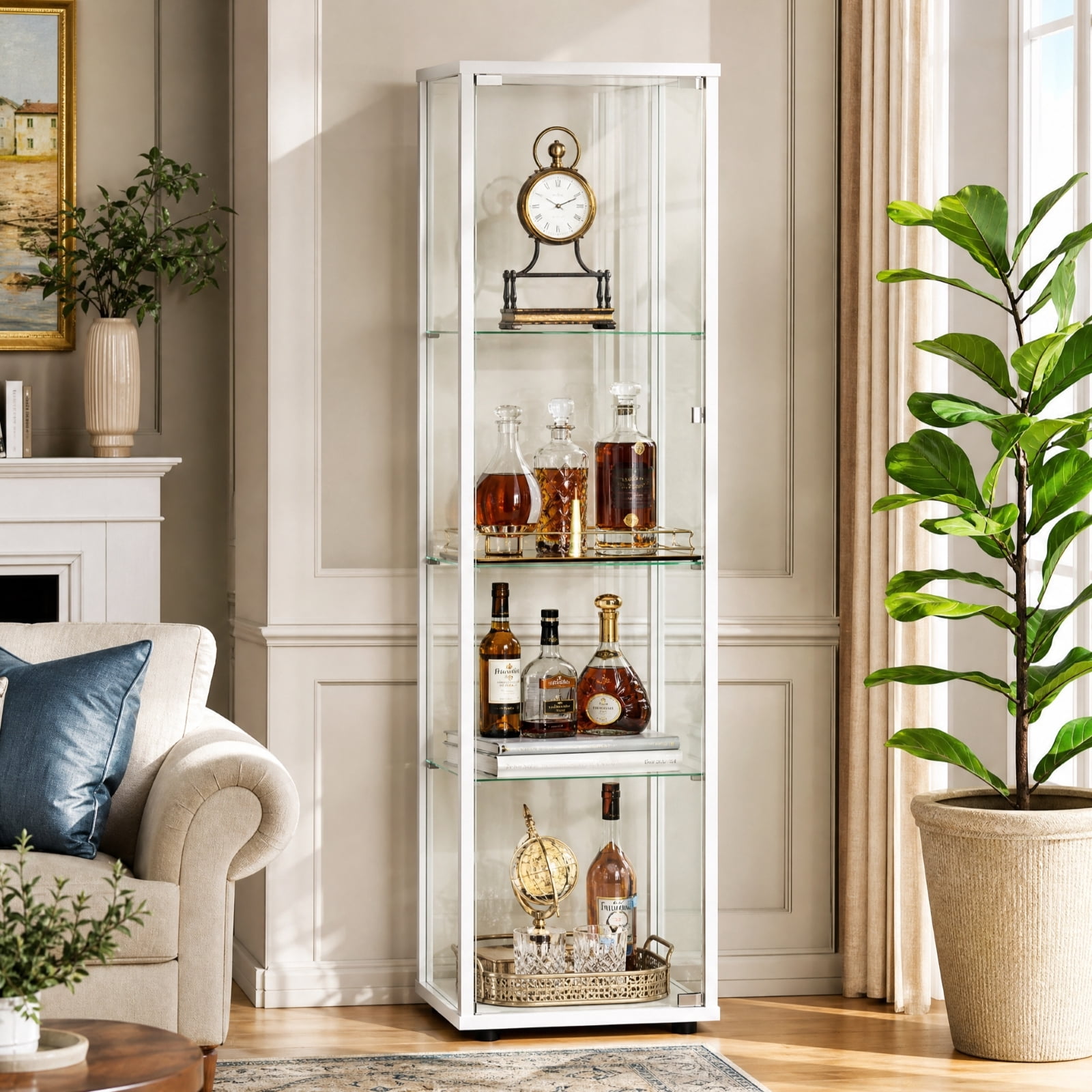Gleamira 4-Shelf Glass Display Cabinet Freestanding Curio Cabinet with Aluminum Frame Single Glass Door, White