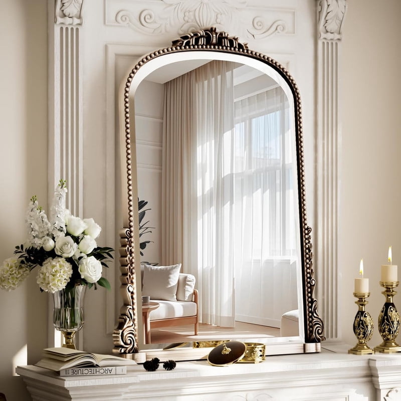 Gleamira 40"x 28" Antique Arched Bathroom Mirror Vanity Mirror Decor Wall Mirror, Antique Silver