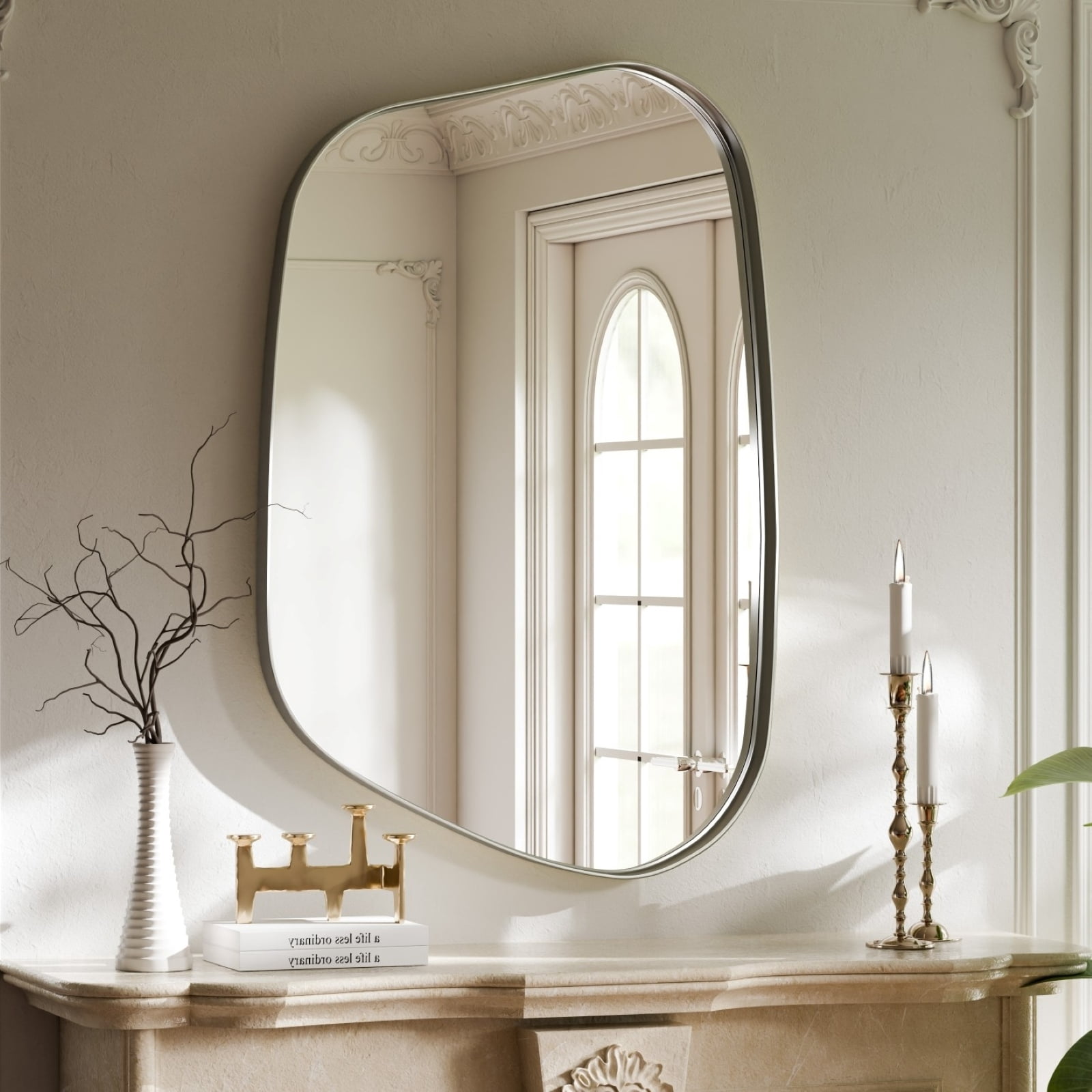Gleamira 40"x26" Irregular Wall Mirror Bathroom Mirror with Metal Frame Wall Decor Mirror, Silver