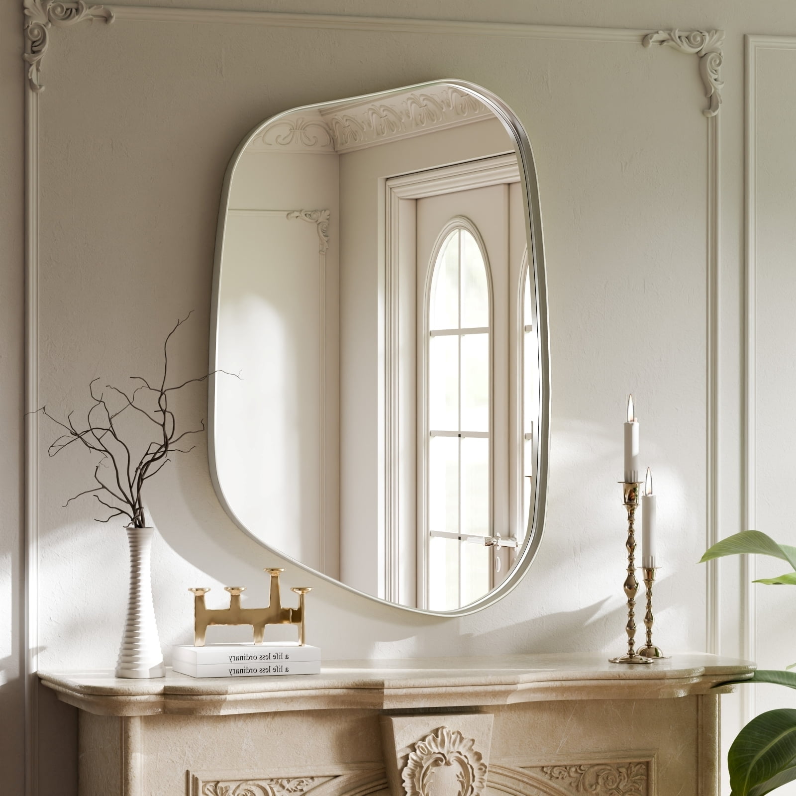 Gleamira 40"x26" Irregular Wall Mirror Bathroom Mirror with Metal Frame Wall Decor Mirror, White