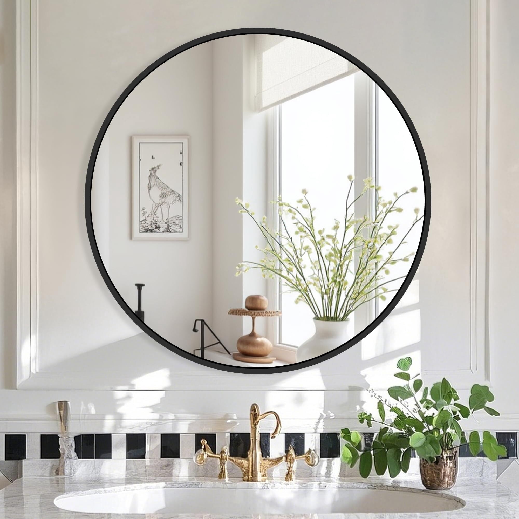 Gleamira 42" Round Wall Vanity Mirror Bathroom Mirror with Aluminum Alloy Frame, Black