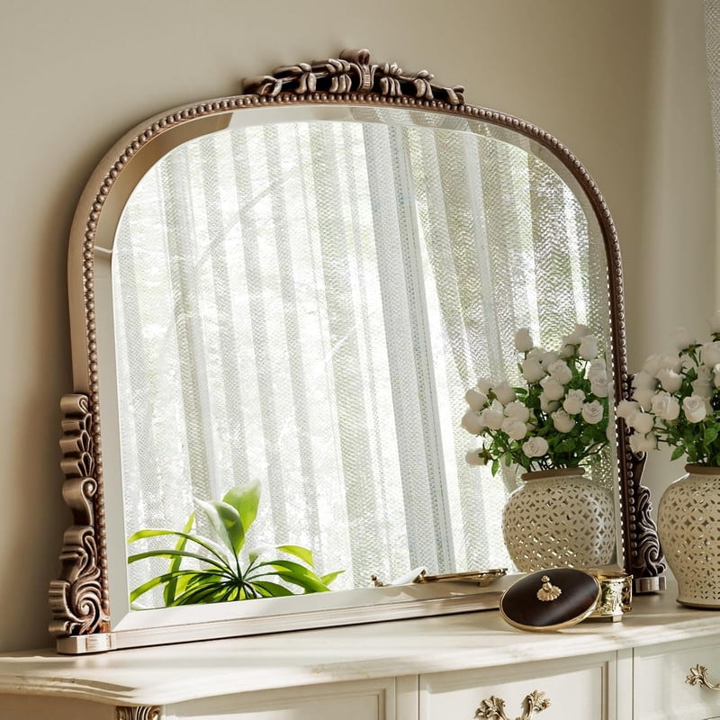 Gleamira 44"x 32" Arched Vintage Decor Mirror Vanity Wall Mirror, Antique Silver