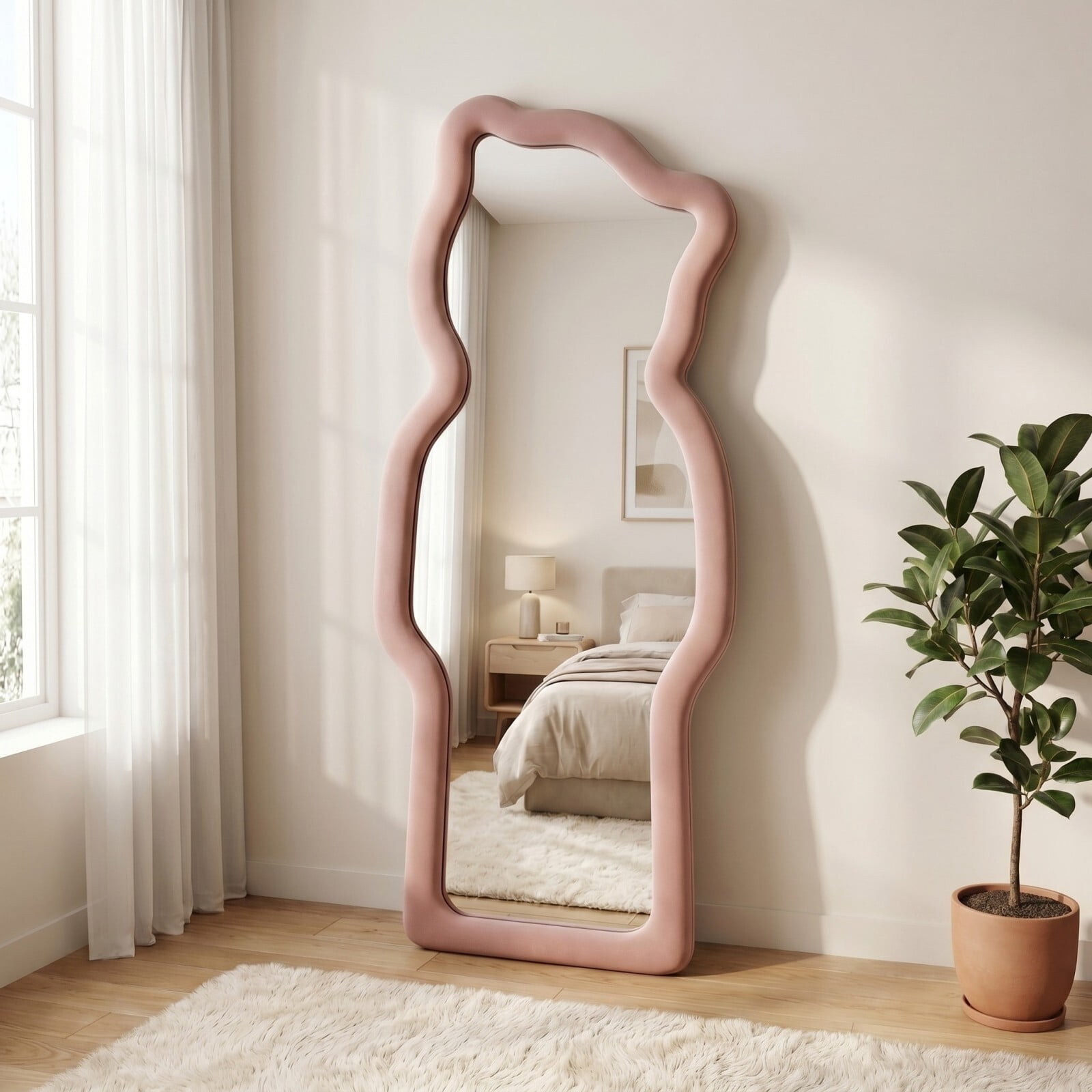 Gleamira 63"x24" Full Length Mirror Bear-Shaped Irregular Floor Mirror Flannel Wrapped Wooden Frame Hanging Leaning Mirror, Pink