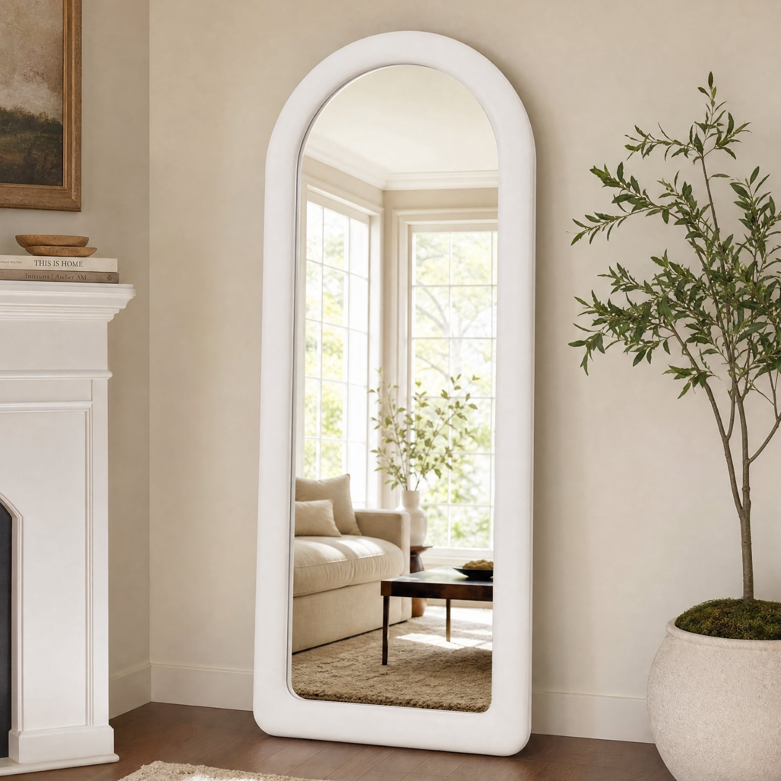 Gleamira 63"x24" Full Length Mirror Frame Arched Floor Mirror Flannel Wrapped Wooden Frame Hanging Leaning Mirror, White
