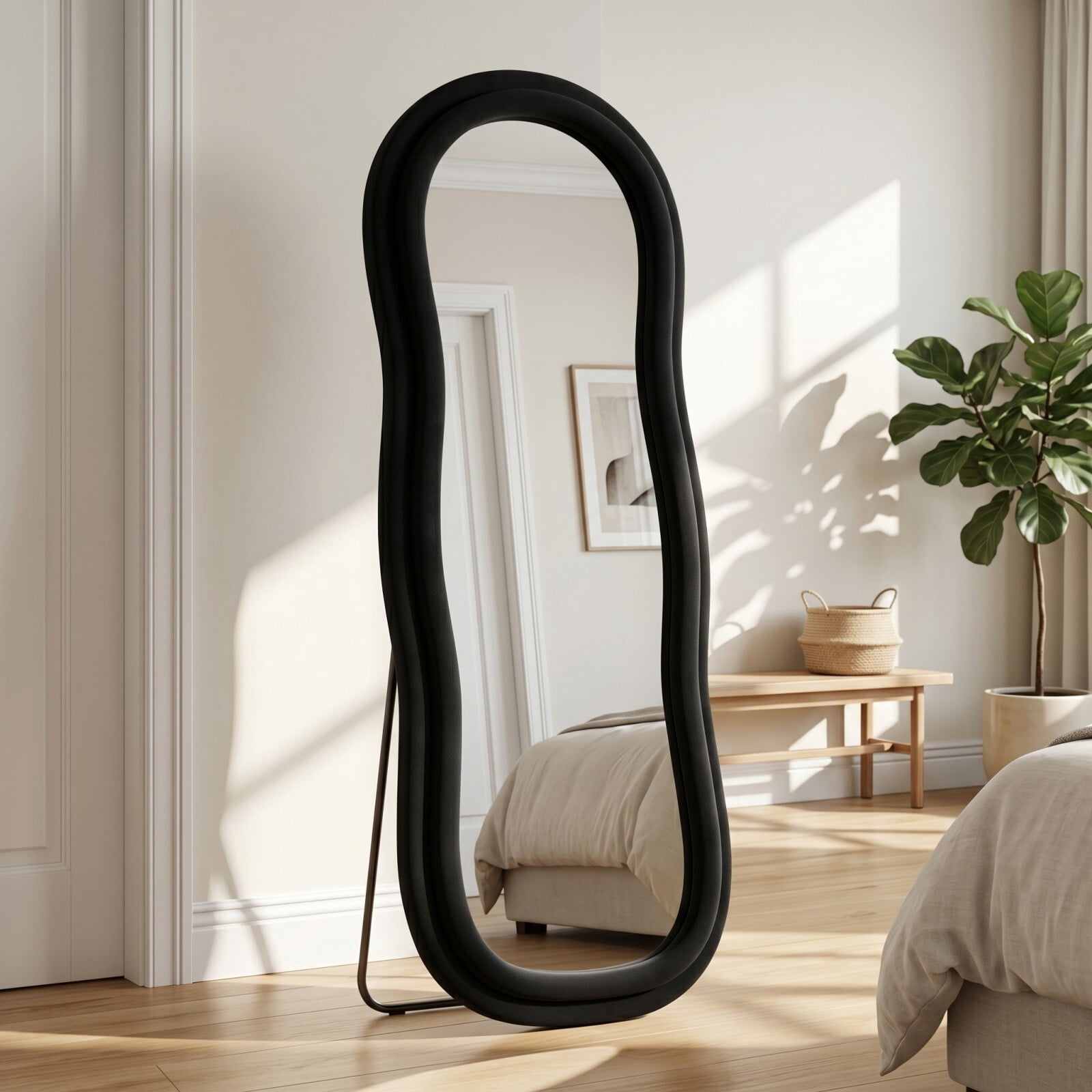 Gleamira 63"x24" Full Length Mirror Wavy Frame Arched Floor Mirror Flannel Wrapped Wooden Frame Hanging Leaning Mirror, Black