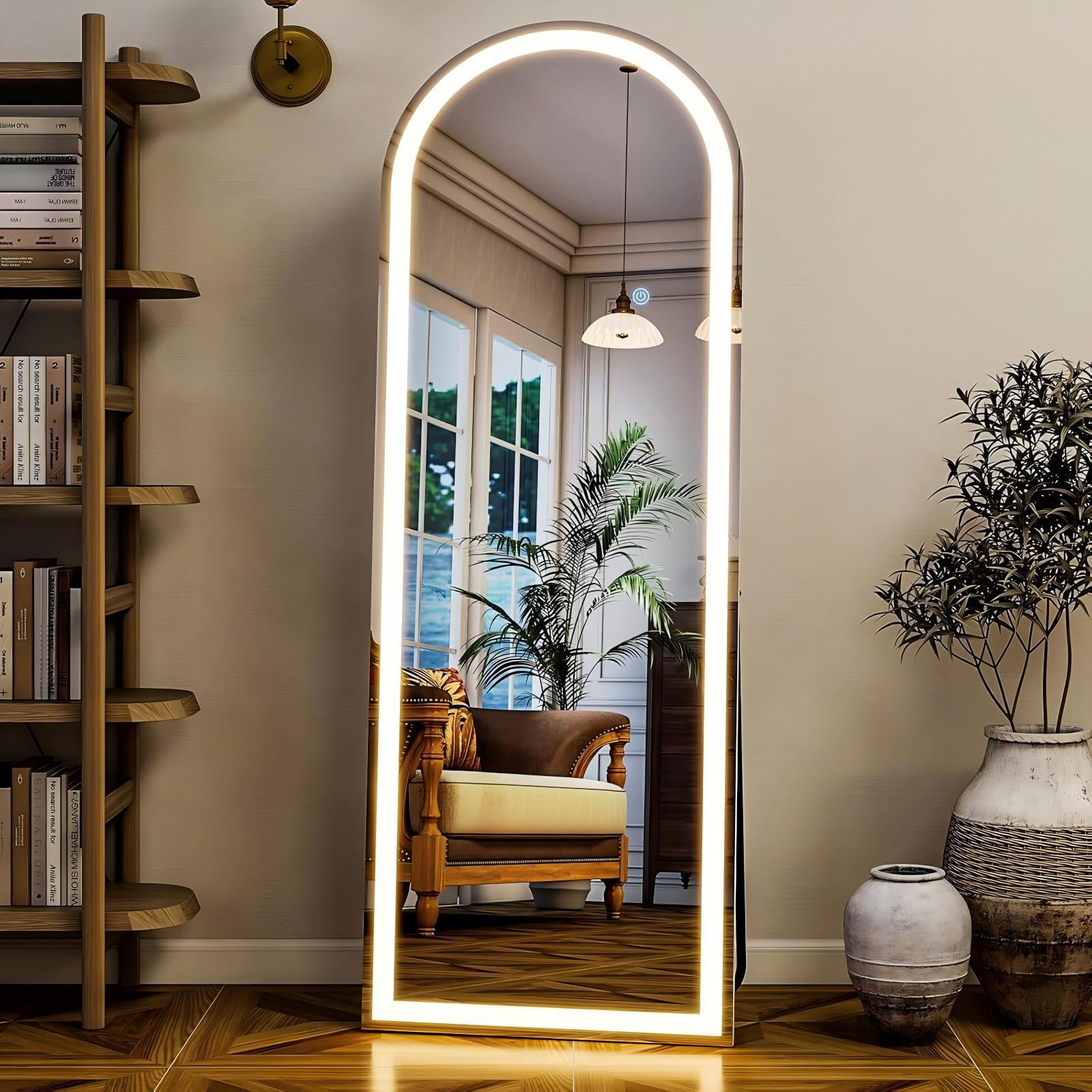 Gleamira 64"x21" LED Full Length Mirror Arched Floor Mirror with Stand, White
