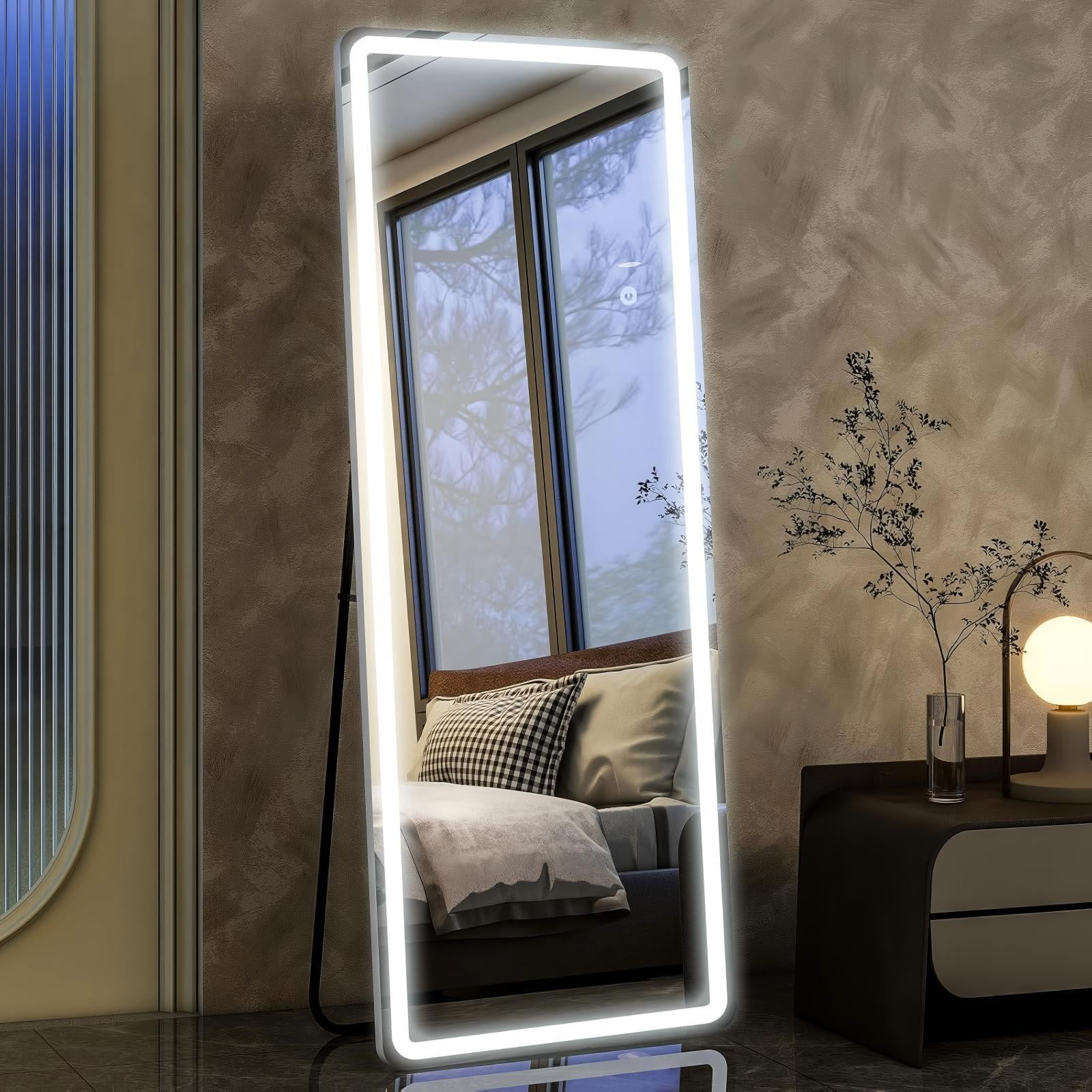 Gleamira 64"x21" LED Full Length Mirror Rectangular Floor Mirror with Stand, White