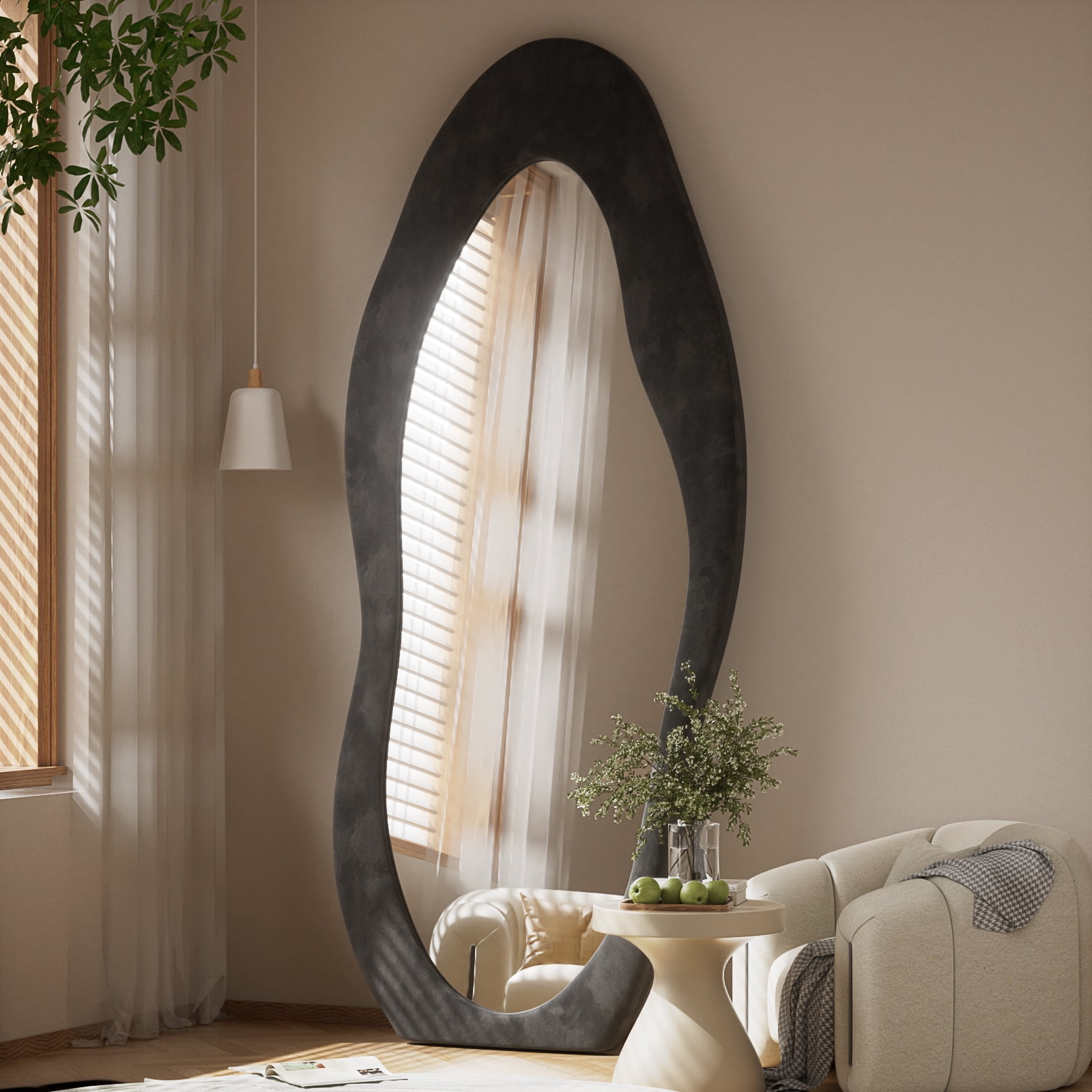 Gleamira 71"x30" Full Length Mirror Irregular Floor Mirror Flannel Wrapped Wooden Frame Hanging Leaning Mirror,Black