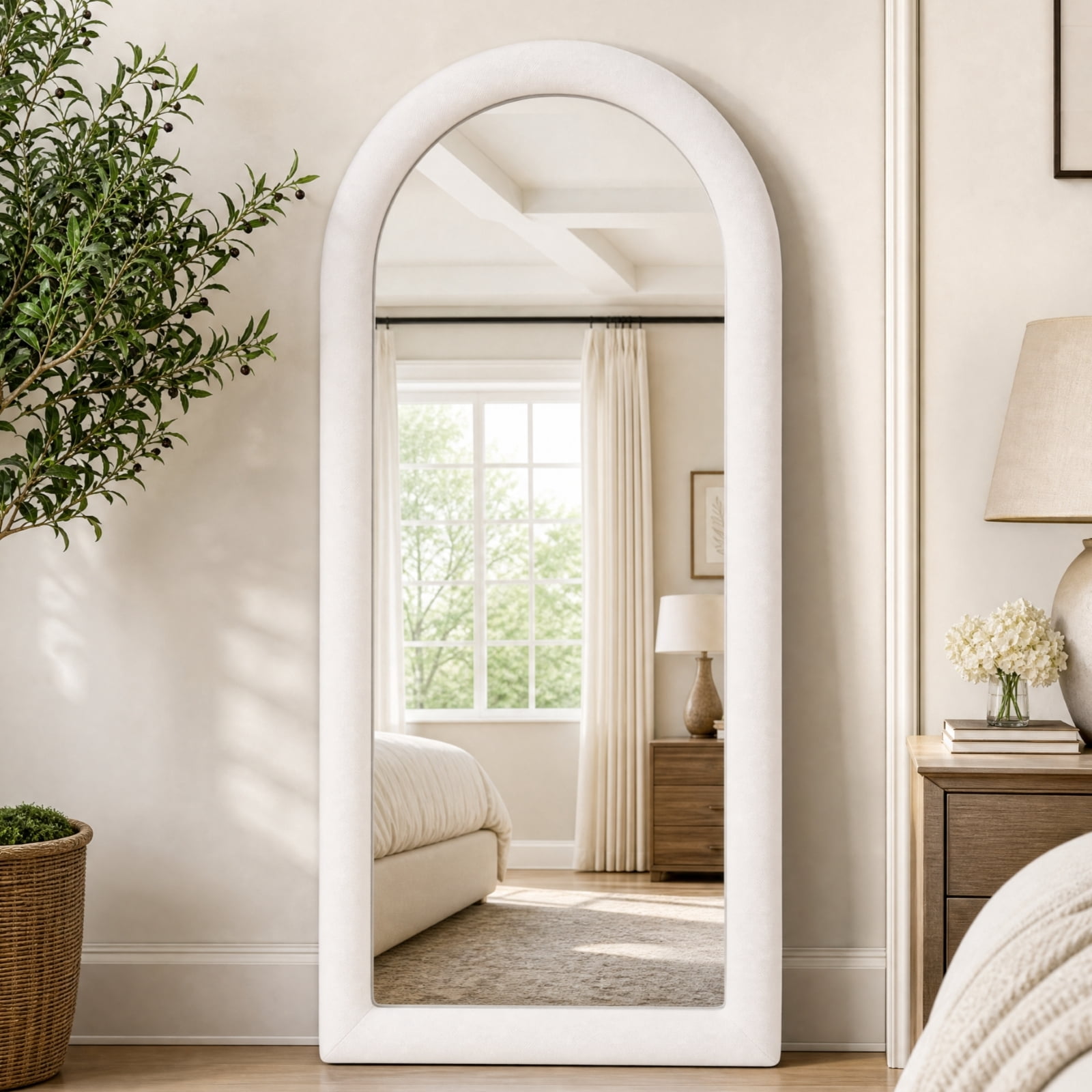 Gleamira 71"x32" Full Length Mirror Frame Arched Floor Mirror Flannel Wrapped Wooden Frame Hanging Leaning Mirror, White