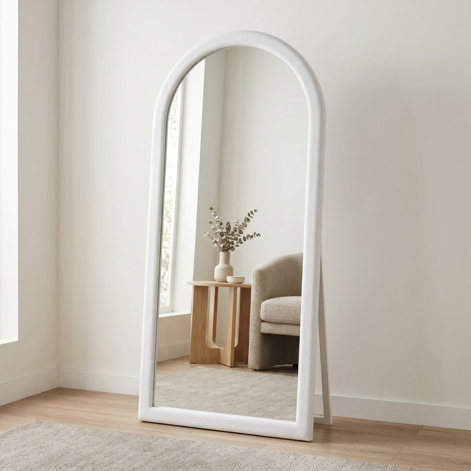 Gleamira 71"x32" Full Length Mirror Frame Arched Floor Mirror Flannel Wrapped Wooden Frame Hanging Leaning Mirror, White