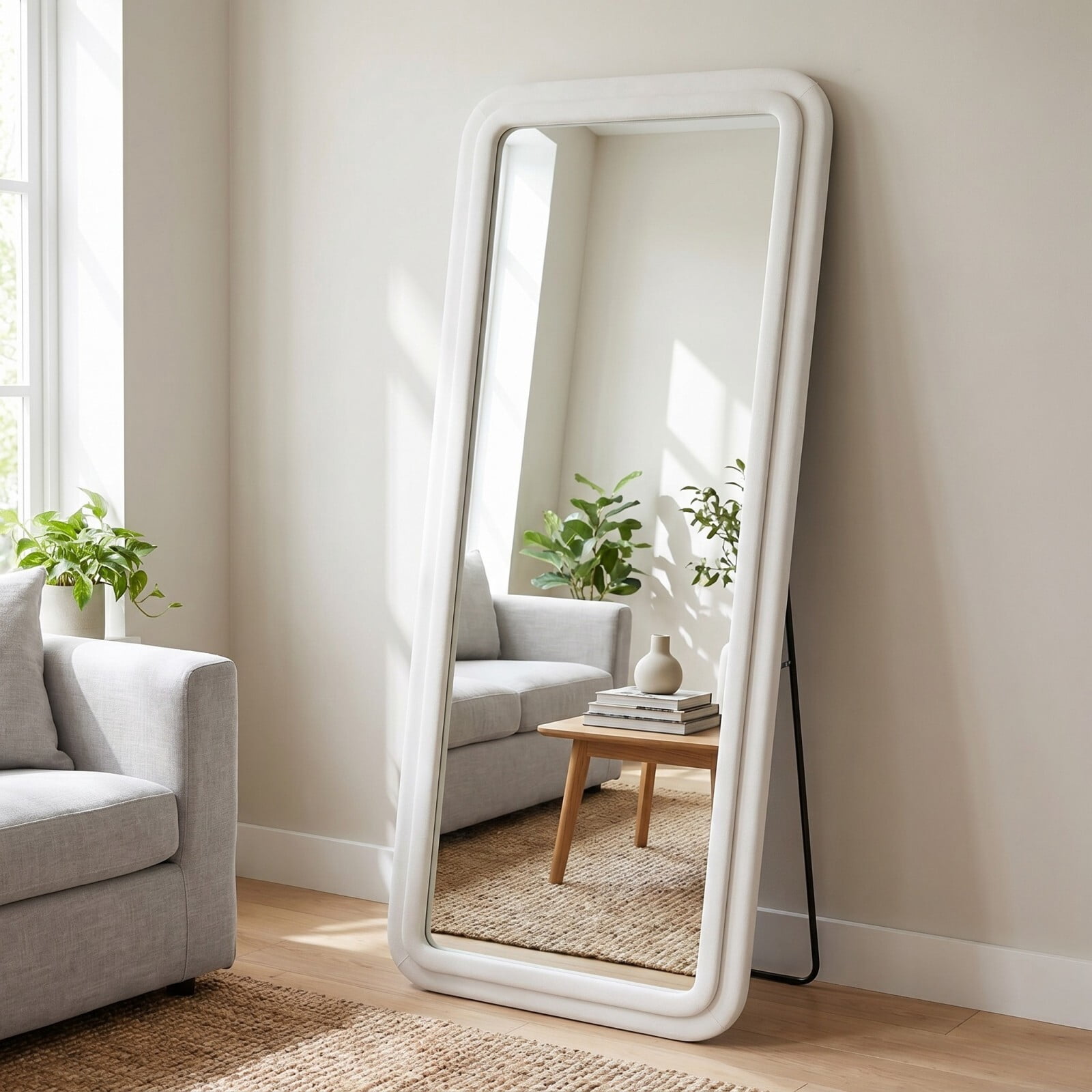 Gleamira 71"x32" Full Length Mirror Rectangular Floor Mirror Flannel Wrapped Wooden Frame Hanging Leaning Mirror,White