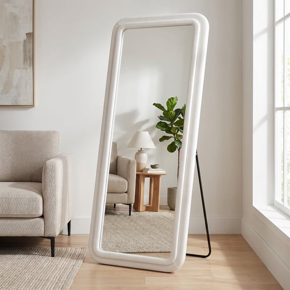 Gleamira 71"x32" Full Length Mirror Rectangular Floor Mirror Flannel Wrapped Wooden Frame Hanging Leaning Mirror,White