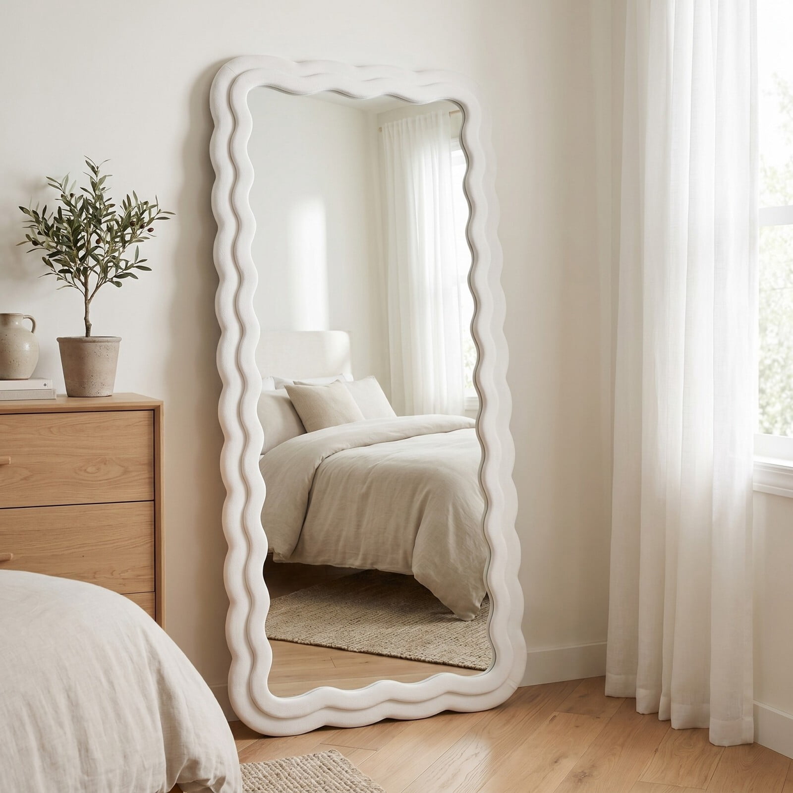 Gleamira 71"x32" Full Length Mirror Wavy Frame Arched Floor Mirror Flannel Wrapped Wooden Frame Hanging Leaning Mirror, White