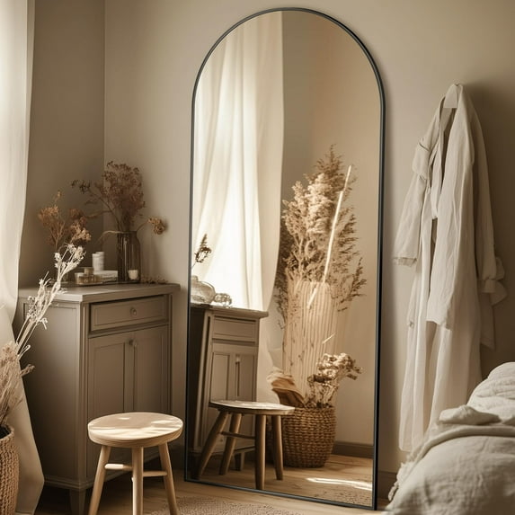 Gleamira 78"x 35" Arched Full Length Mirror Aluminum Alloy Framed Floor Mirror, Black