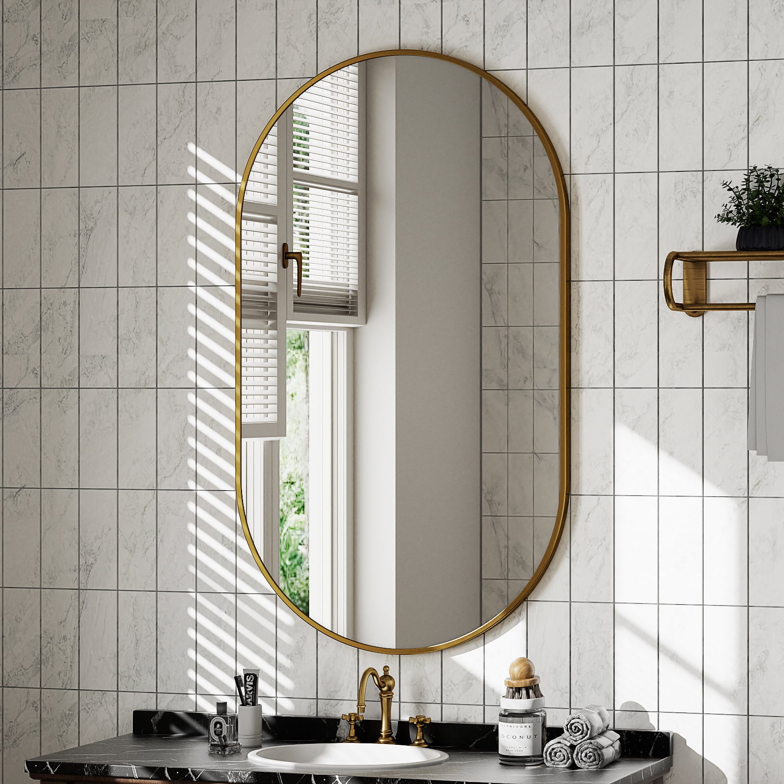 Gleamira Oval Bathroom Mirror Aluminum Alloy Wall Mirror 17" x 30", Gold