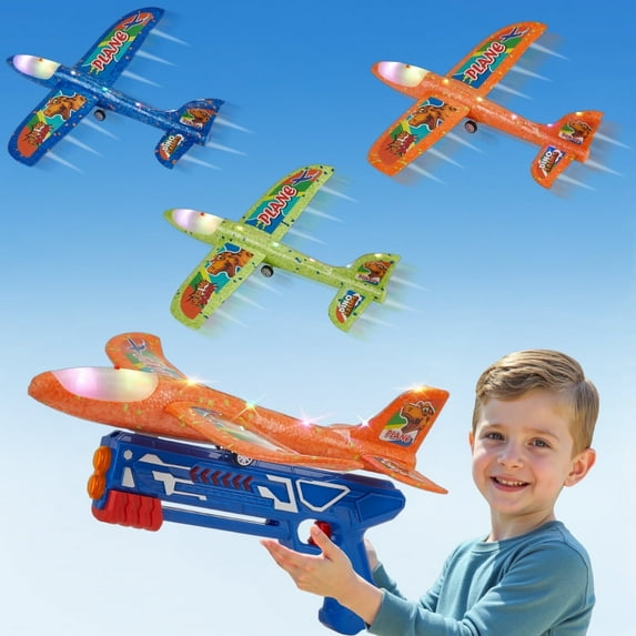 Gleamkid 3 Pack Airplane Launcher Toys, Foam Glider LED Light Airplane with 3 Dinosaur Stickers, 2 Flight Modes, Catapult Plane Toy for Kids, Outdoor Flying Toys Gifts for Boys Girls 3-12 Years Old
