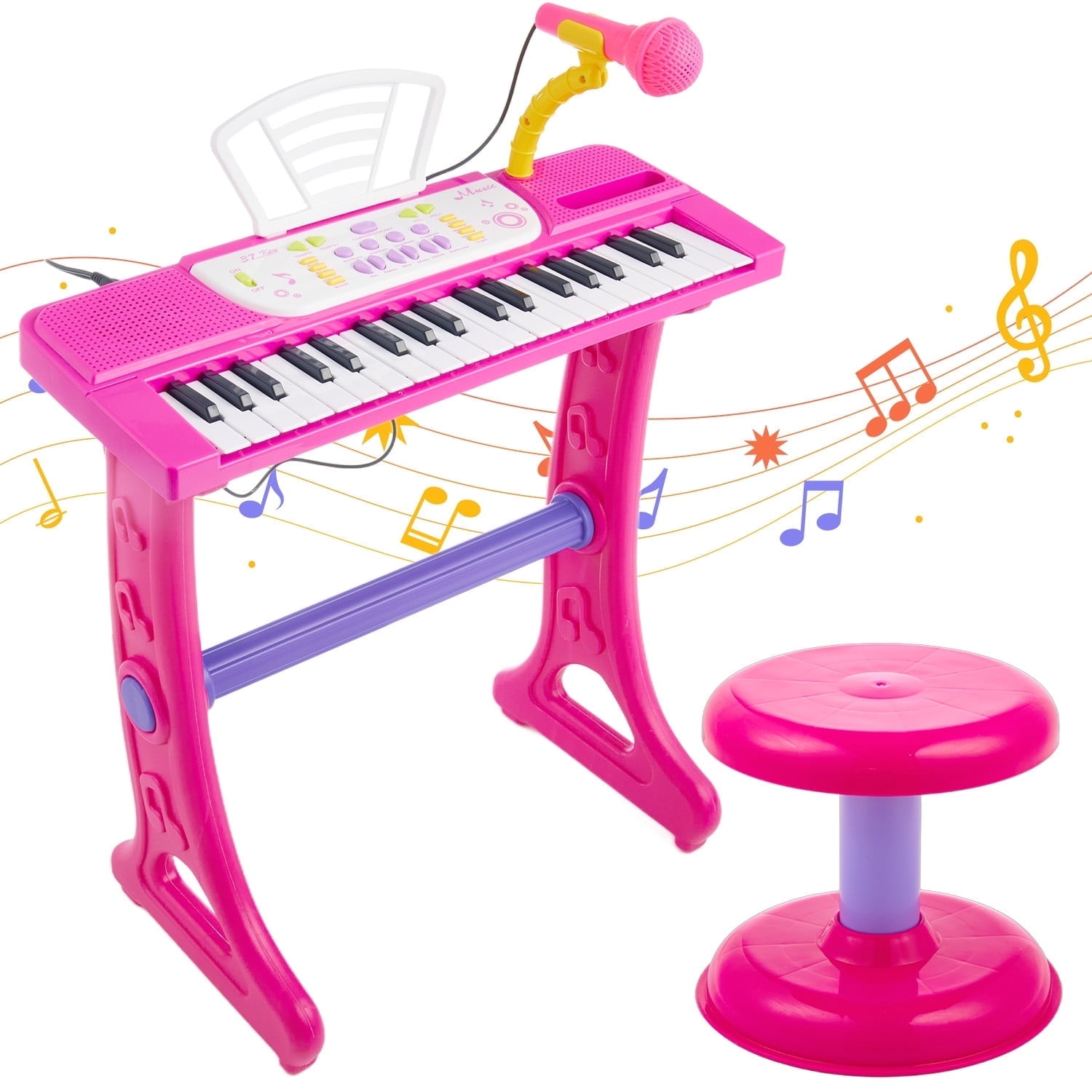 Gleamkid 37-Key Piano Keyboard for Kids, Electronic Piano Music Toy with Stool & Microphone, Musical Instrument Learning Toys Gift for Girls 1 2 3 4 , Pink
