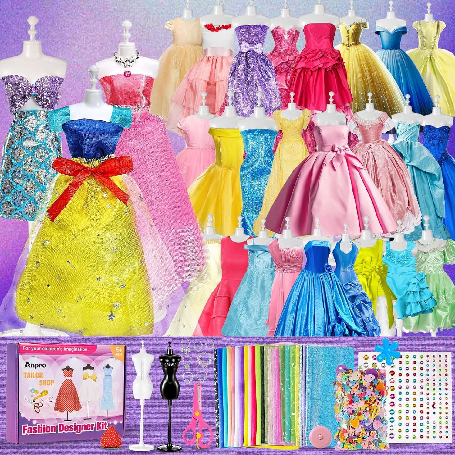 Gleamkid 700+Pcs Fashion Designer Kit for Girls with 4 Mannequins, DIY Arts & Crafts Kit for Girls Age 6-12 Toys, Doll Clothes Making Sewing Kit Colorful
