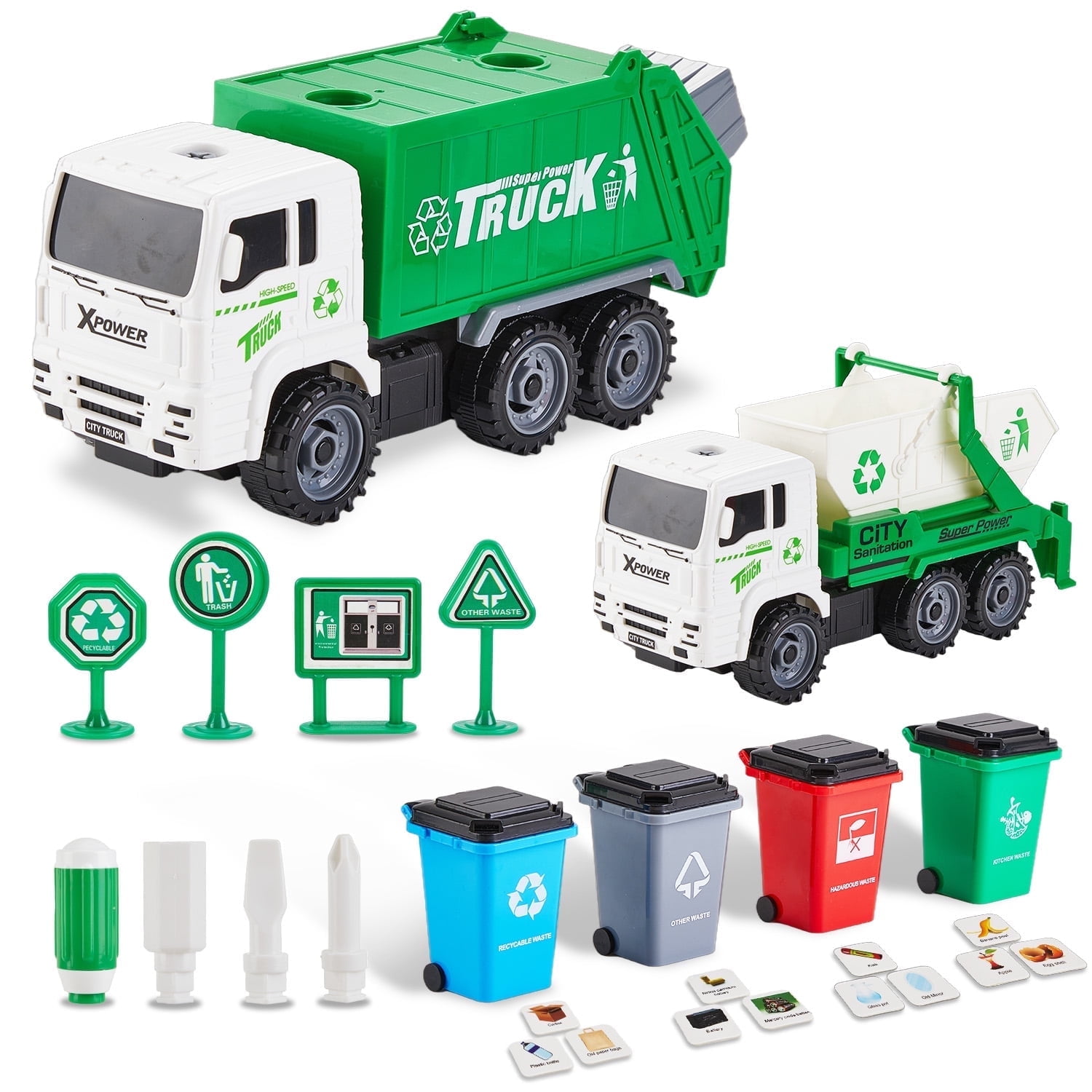 Gleamkid Garbage Truck Toys, Friction Powered Trash Truck Toy with 2 Interchangeable carriages, 4 Trash Bins, Educational Trash Truck Toy Vehicle for Boys Girls