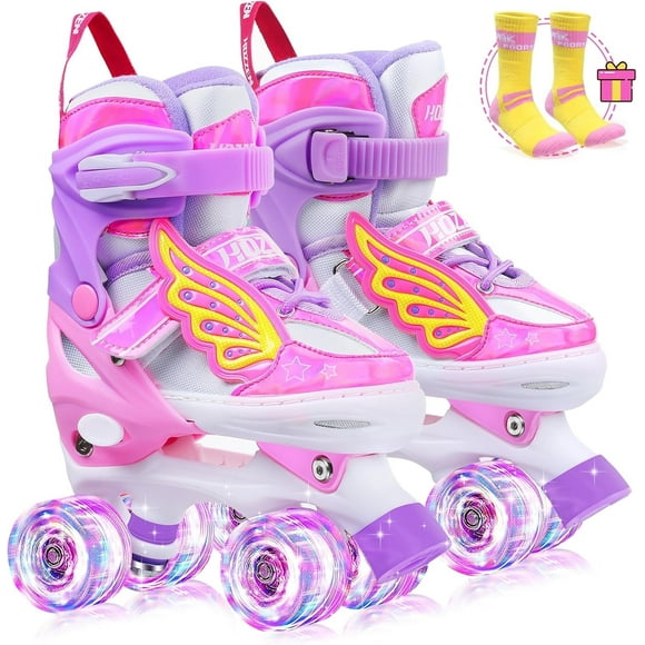 Gleamkid Girls Kids Adjustable Light Up Skates, 8 Light UP Wheels, Rainbow Roller Skates for Toddlers Beginner Kids (9C-6Y S M L)