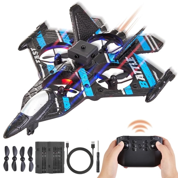Gleamkid Foam Remote Control Airplane for Kids, 2.4GHz RC Plane with LED Lights & 360 Spin, Easy to Fly RC Aircraft Glider for Kids Adults, Black