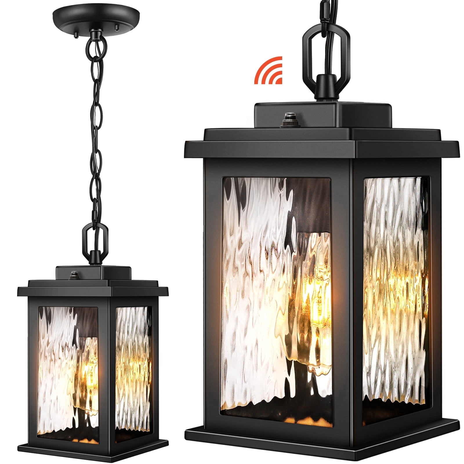 Gleamz Black Dusk to Dawn Outdoor Pendant Lights with Water Glass, Adjustable Chain Waterproof Hanging Porch Light, Outside Chandelier for Porch, Patio, Driveway