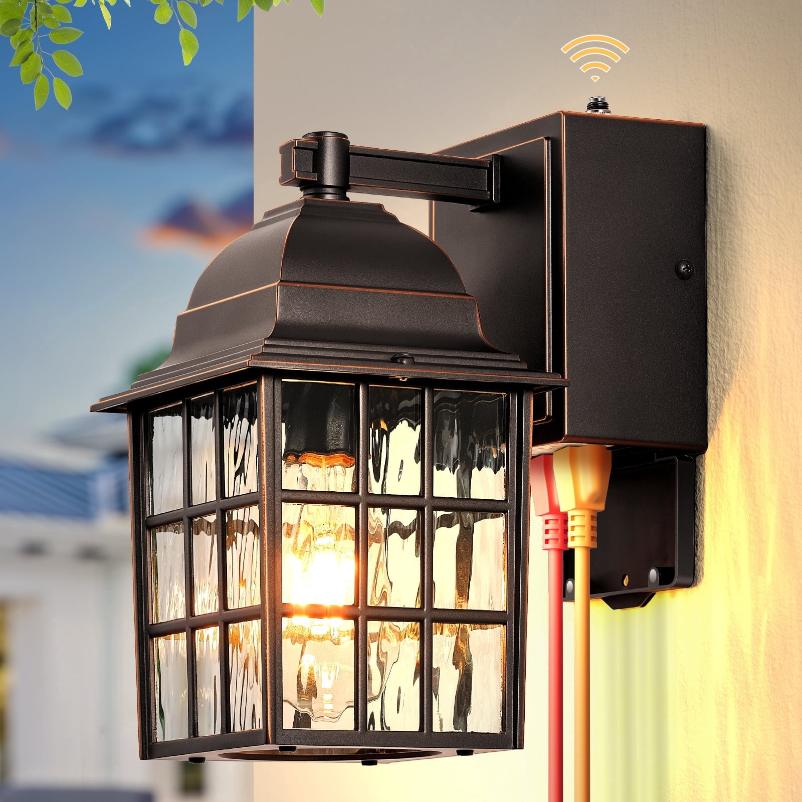 Gleamz Dusk to Dawn Outdoor Porch Light with GFCI Outlet, Farmhouse Oil Rubbed Bronze Gold Trim Outside Wall Sconce Lantern, Waterproof Exterior Garage Lighting Fixtures Wall Mount for House