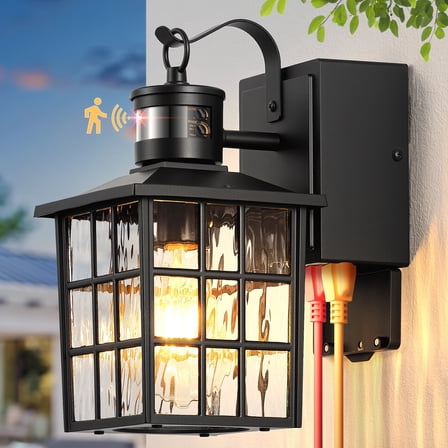 Gleamz Motion Sensor Front Porch Light with GFCI Outlet, Modern Black Exterior Lighting Fixtures Wall Mount Sconce for House Garage, Anti-Rust Dusk to Dawn Outdoor Wall Lights with Water-Ripple Glass