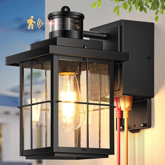 Gleamz Motion Sensor Porch Light with GFCI Outlet, Black Outdoor Wall Light with Outlet, Waterproof Exterior Wall Lantern for Garage, Patio