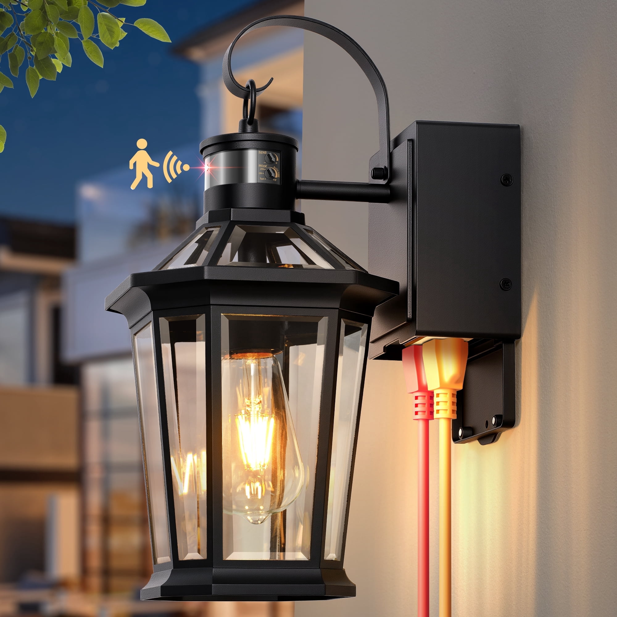 Gleamz Motion Sensor Porch Lights Outdoor with GFCI Outlet, Black Exterior Lighting Fixtures Wall Mount, 100% Aluminum Anti-Rust Waterproof Outside Lights for House Patio Garage