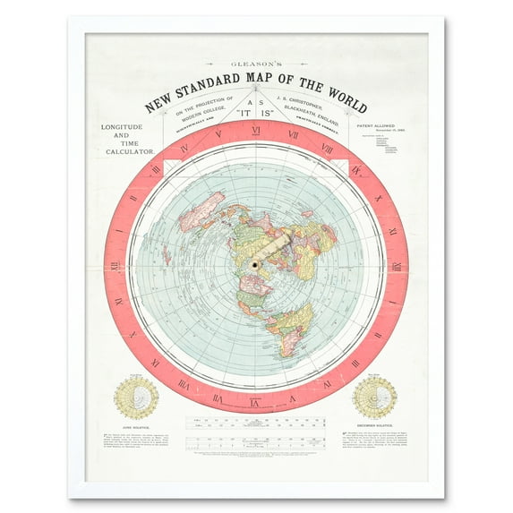 Gleason 1892 New Standard Map of the World Time Calculator Flat Earth Vintage Poster Art Print Framed Poster Wall Decor 12x16 inch