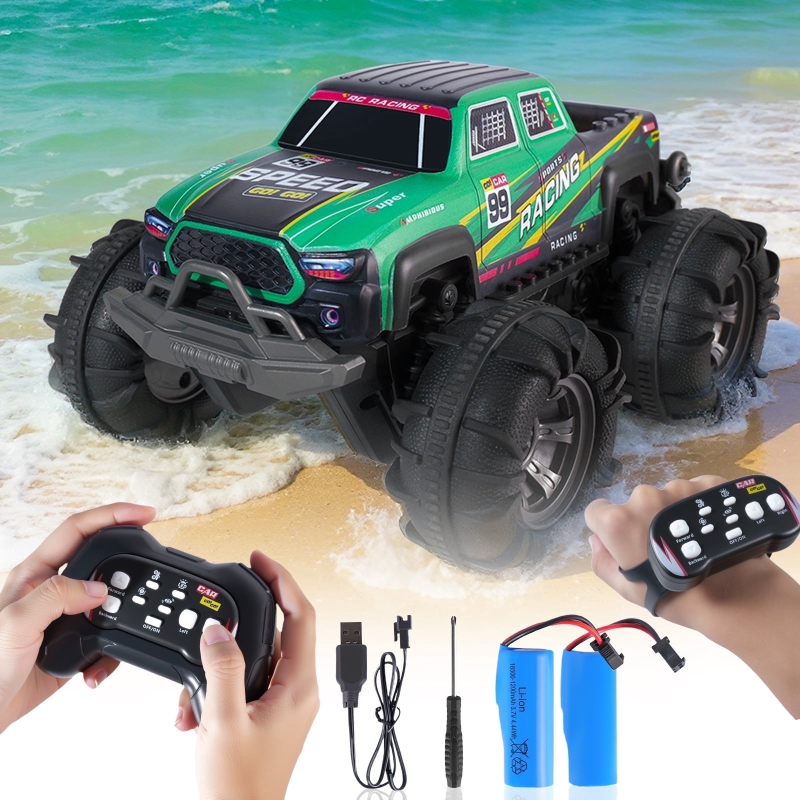 Glee Max Amphibious Remote Control Car, 4WD 2.4GHz RC Monster Truck with Lights,  Toy Gifts for Children, Green