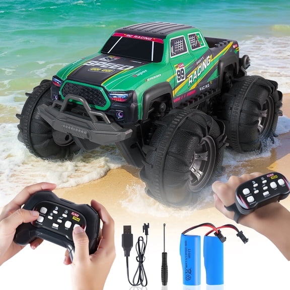 Glee Max Amphibious Remote Control Car, 2.4GHz Monster Truck with Light Spray, All Terrain RC Cars, Toddler Toys for Boys Girls 3+ Year Old, Green