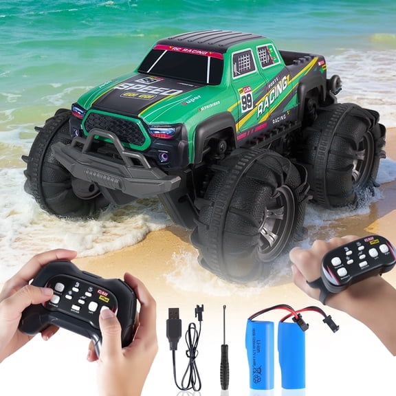 Glee Max Amphibious Remote Control Car, 4WD 2.4GHz RC Monster Truck with Lights, Toy Gifts for Children, Green