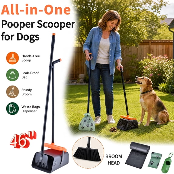 Glee Max Dog Pooper Scooper with Swivel Bin&46" Long Adjustable Handle Rake Scoop, Dogs of All Sizes, Black and Orange, Made from Metal and Plastic