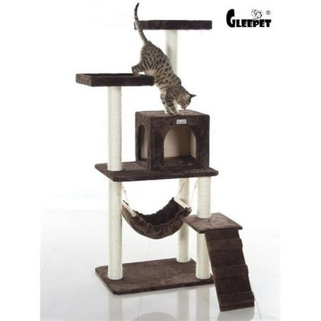 GleePet 57-Inch Real Wood Cat Tree In Coffee Brown With Four Levels Ramp Hammock And Condo