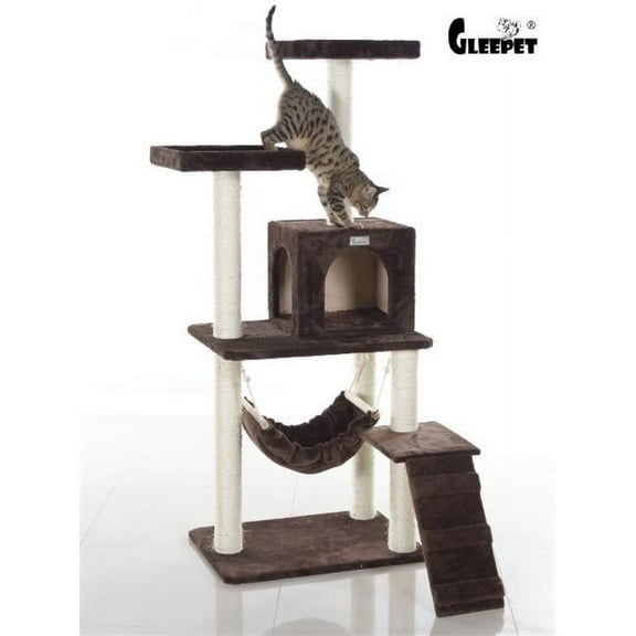GleePet  57-Inch Real Wood Cat Tree In Coffee Brown With Four Levels  Ramp  Hammock And Condo