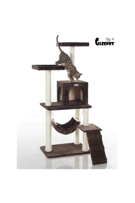 GleePet 57-Inch Real Wood Cat Tree In Coffee Brown With Four Levels Ramp Hammock And Condo