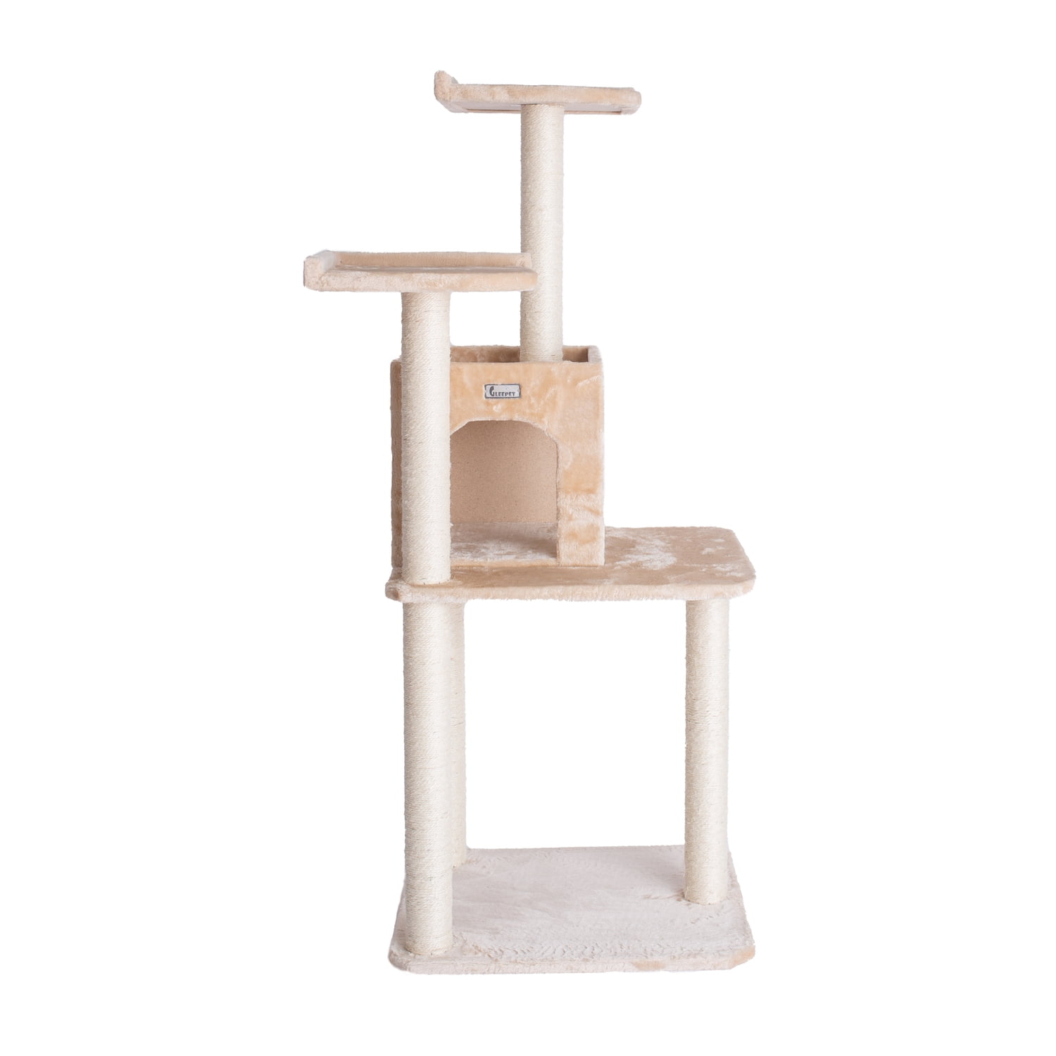 Beige Freestanding Sisal Cat Tree with Two-Door Condo
