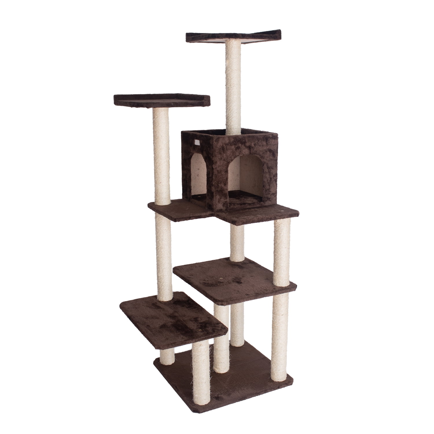 66-Inch Coffee Brown Faux Fur Multi-Level Cat Tree with Sisal Posts