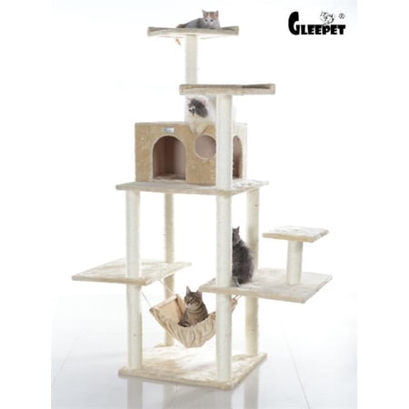 GleePet 68-Inch Real Wood Cat Tree In Beige With Five Levels Hammock Condo