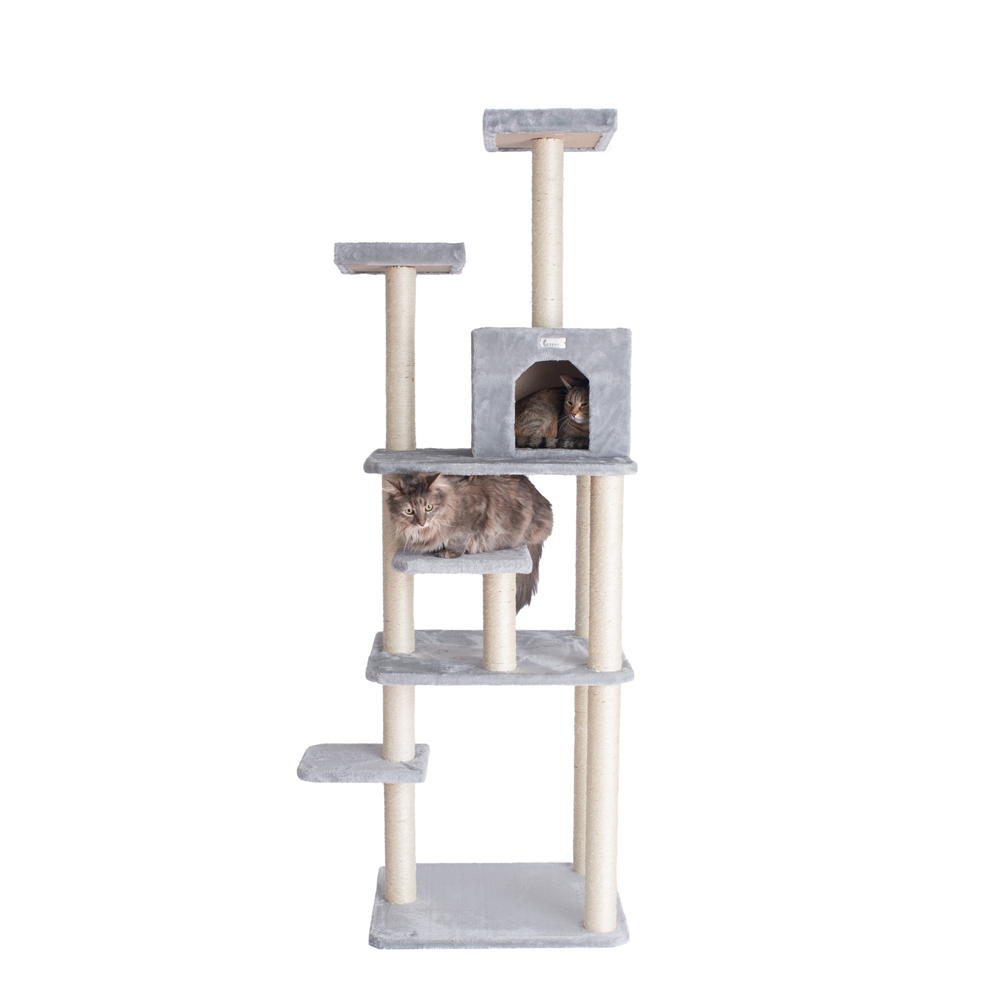 74-Inch Silver Gray Faux Fur Multi-Level Cat Tree with Sisal Posts