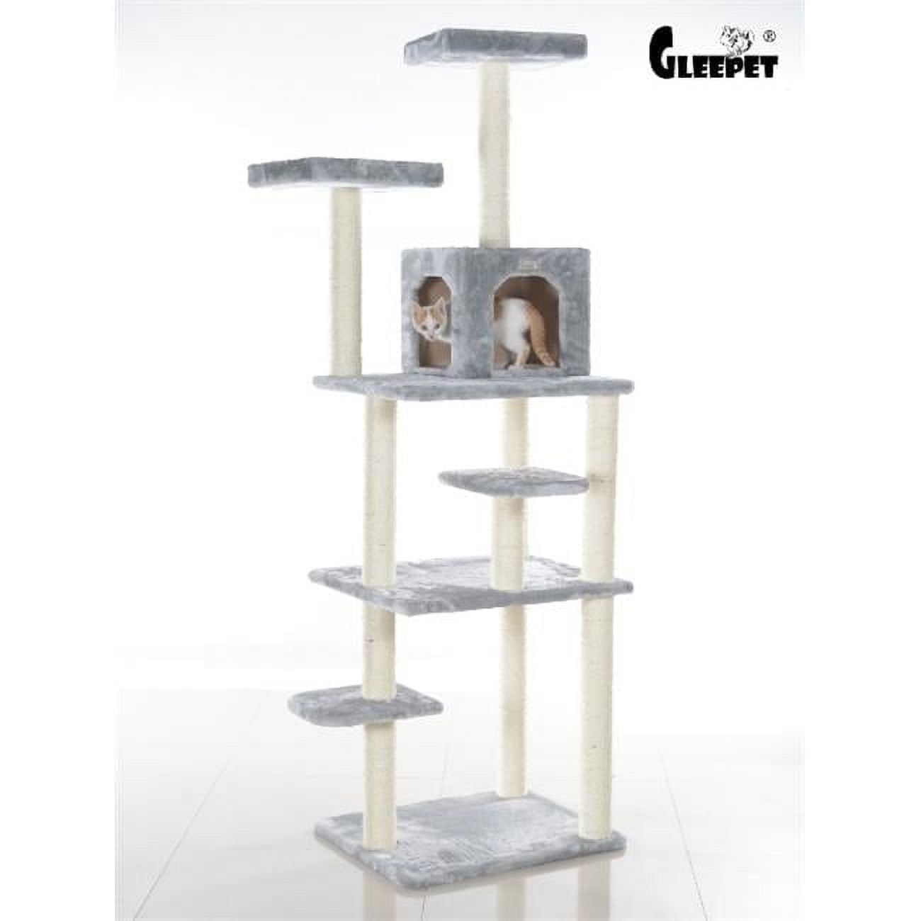 74-Inch Silver Gray Faux Fur Multi-Level Cat Tree with Sisal Posts