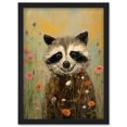 thumbnail image 1 of Gleeful Raccoon Picking Flowers Oil Painting Red White Blooms Spring Meadow Landscape Kids Bedroom Artwork Framed Wall Art Print A4, 1 of 5